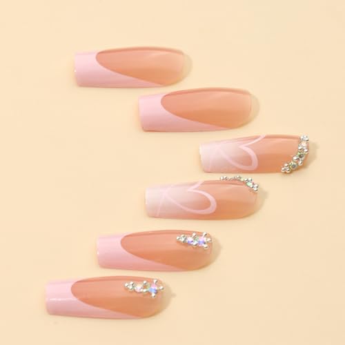 Pink French Tip Press on Nails Long Gradient Coffin Shape Nude Nails Fake Nails with Design French Nails Press ons Cute Heart Line Stick on Nails Medium Square Acrylic Nails for Women Daily Wear 24Pcs