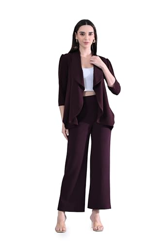 Image of Women's Solid Relaxed Fit 3 /4 Sleeve Cotton Blend Co-ord Blazer and Trouser Set