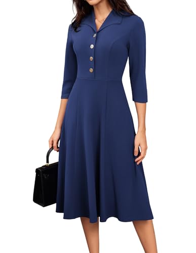 GRACE KARIN Damen 3/4 Ärmel A-Linie Rollkragenkleid Elegant Metallknöpfe Festlich Kleid Dunkel Blau L