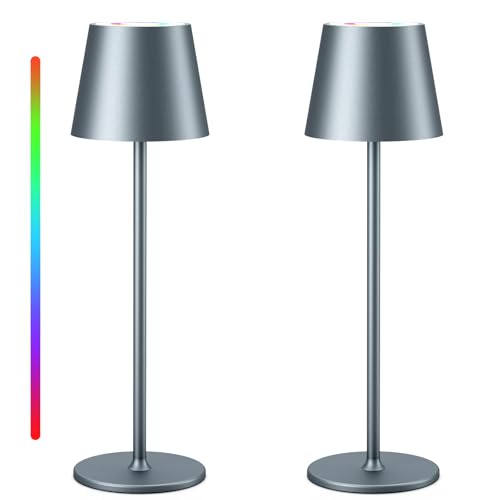 Keepoo Tischlampe Kabellos Dimmbare LED Akku Tischleuchte, Wiederaufladbar Warme Lichtfarbe 3000K+RGB Aluminium Outdoor Tischlampe wasserdicht für Restaurant,Schlafzimmer,Bar,IP54 (Silbergrau 2 Stück)