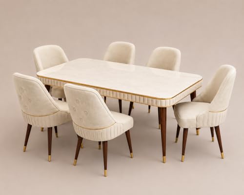 Image of WOODEN SPACE 6-Seater Wooden Dining Table Set | Nano Composite Marble Top | Solid Wood Base | Modern Dining Room Furniture with 6 Chairs (Beige Grand Aura)