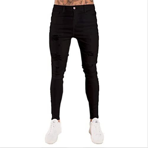 Men's Classic Skinny Elastic Waist Retro Jeans Washed Zipper Deco Stretch Denim Pants Ripped Hole Moto Trousers (Black,Large,5,OZ)2