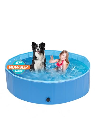 Foldable Pool for Large Dogs 6MM Thickened PP Board 3 Layers Mesh PVC Non Slip Embossed PVC Collapsible Hard Plastic Summer Swimming Pool Portable Bath Tub for Pets Cats 47