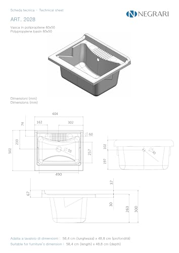 Negrari Auflagewanne aus PP-Kunstharz für Waschbecken, feuchtigkeitsbeständig, beständig gegen Säuren der üblichen Verwendung, Abfluss-Set im Lieferumfang enthalten, für Innen- und Außenbereich, L60 x