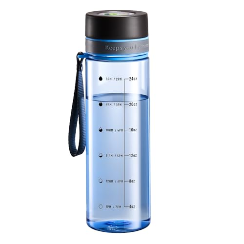 Lizhluzh Plastic Water Bottles, 28oz Clear Water Bottle with Measurements, Wide Mouth Water Bottle with Strap, Gym Water Bottles for Men (Blue)