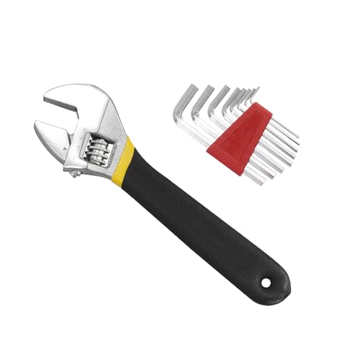 JRSHIRLEYLTD Clé à molette réglable de 200 mm, en acier au chrome-vanadium (largeur de mâchoire max. 24 mm) avec jeu de clés hexagonales