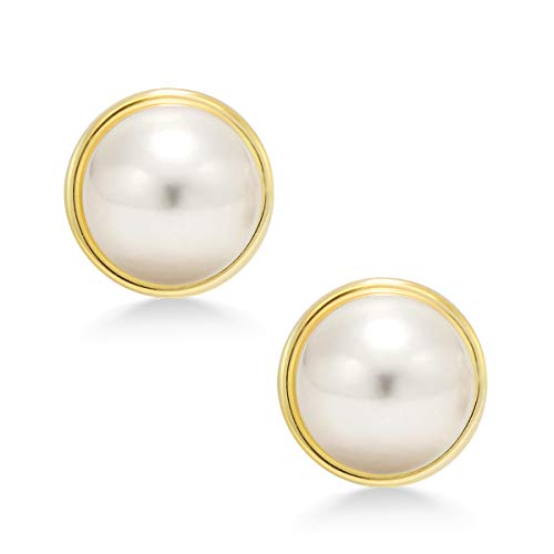 Gem Stone King 14K Yellow Gold 8MM White Button Shape Cultured Freshwater Pearl Stud Earrings For Women2