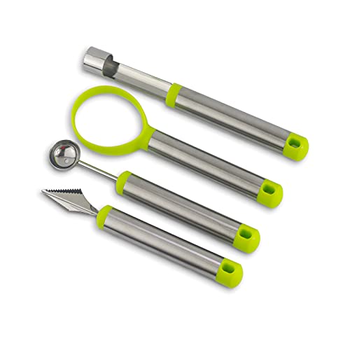 Owfvlazi Melon Baller Scoop Set,Watermelon Cantaloupe Scooper, Seed Remover,4 Pcs Stainless Steel Carving Knife Kitfor Fruit, Vegetable, Salad, Ice Cream (Green)