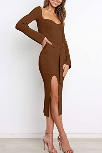 LILLUSORY Women's Sweetheart Neckline Midi Dress Long Sleeve Ribbed Knit Sweater Outfits with Slit and Belt 2024 Spring2
