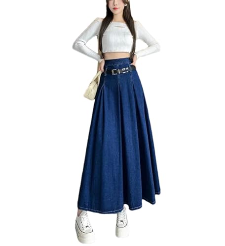 Women Summer High-Waisted Denim Skirt Medium-Length A- Line Umbrella Skirt