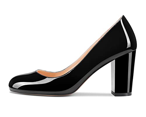 HEUIVZAR Women Pumps Round Toe Block Chunky Mid Heel Slip-on Dress Shoes Patent 3 Inch2