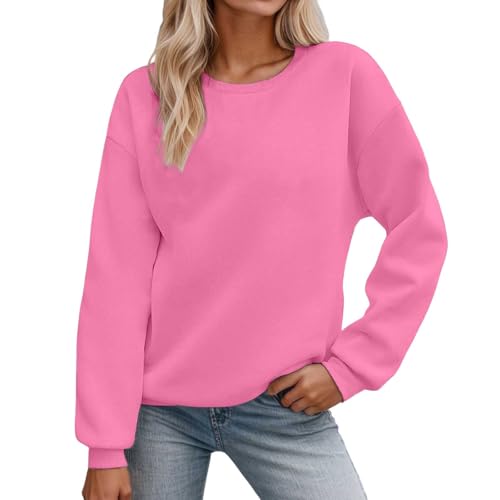 2025 Pullover Femme Automne Hiver Col Rond Uni Manches Longues Sweatshirts, rose, S