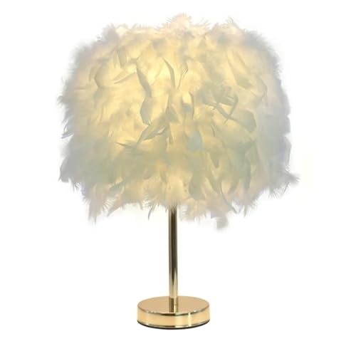White Feather Table Lamp Bedside Lamp with Gold Base Feather Table Light Desk Lampshade for Bedroom, Home Decoration, Photography Props, L