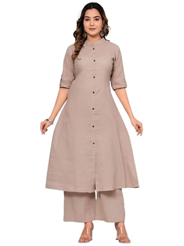 Image of Avayayat Stylish Katha Cotton Co-ord Set For Women - Shirt Style Kurti with Pants, 2peice Kurta With Trouser Casual Wear Brown