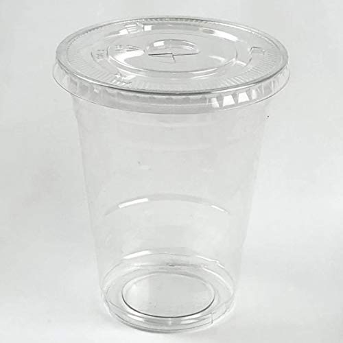 Jumbo set 100 16oz Plastic Ultra Clear Cups 100 flat lids, 100 individual boba starw is for cold drinks like iced coffee, Bubble Tea, Frozen Cocktails, water, Sosa and jucies