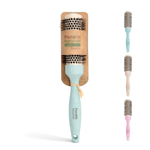 PONETTE NATURAL - Cepillo Térmico Redondo ECO de Aluminio con Revestimiento Cerámico de 34mm de Diámetro Verde Turquesa, Fabricado con Fibra Natural de Trigo, 100% Reciclable, Marca Española