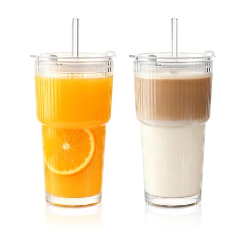 LOOFORE Iced Coffee Glass Cup with Straw and Lid 600ml 20oz - 2 Pack