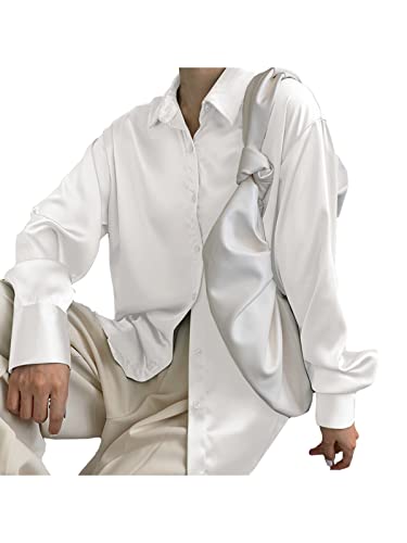 Zanzea Women's Button Down Shirts V Neck Satin Silk Long Sleeve Casual Loose Blouses Tops White Xx-Large #TOP28
