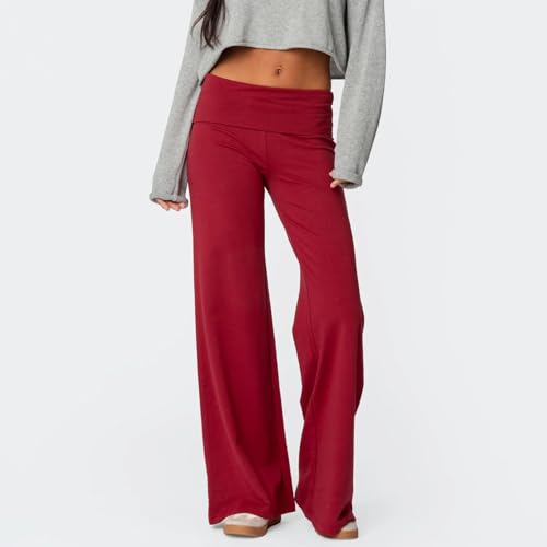 Women's Low Rise Flare Pants Fold Over Wide Leg Sweatpants Casual Slim Fit Elastic Waist Leggings Streetwear4