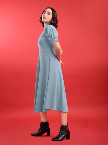 Image of PURVAJA Women's Fit & Flare Knee Length Short Sleeve Turtle Neck Solid Dress