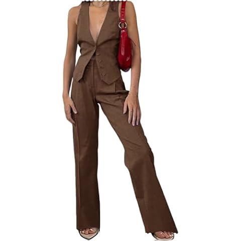 JYDress Women's Linen 2 Piece Outfits V Neck Vest Pants Sets Casual Summer Suits Brown Cover