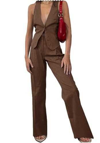Women's Linen 2 Piece Outfits V Neck Vest Pants Sets Casual Summer Suits