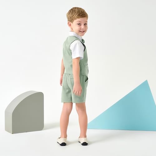 Image of Volunboy Baby Boys Summer Suits Short Sleeve Wedding Ring Bearer Outfits 4Pcs Graduation Dress Vest Shirt Bowtie Shorts Set