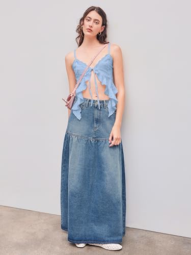 Image of CIDER Going Out Tops for Women Y2K Tie Front Lace Cowgirl Crop Tops | Asymmetrical Ruffle Hem, Spaghetti Strap, Country Concert, Western, Summer Outfits