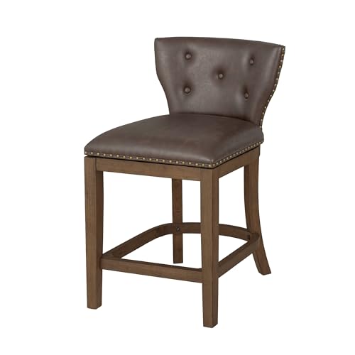 Image of ROME + OAK Carlynd 26 inch Counter Stool, Set of 2 Low Back Swivel Kitchen Barstool in Walnut Finish with Saddle Brown Vegan Leather Upholstered Seat