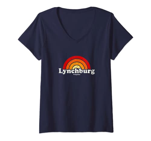 Mujer Diseño de arco iris retro vintage de los 70 de Lynchburg Virginia VA Camiseta Cuello V