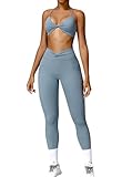 ABOCIW Workout Sets for Women 2 Piece Outfits Twist Waist High Waist Leggings with Pockets Halter Twist Front Sports Bra Gym Sets Twist Blue Gray Medium