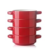 Sweejar Ceramic Soup Bowls with Double Handles, 20 Oz Stacked Bowls for French Onion Soup, Cereal, Pot Pies, Stew, Chill, Pasta, Set of 4 (Red)