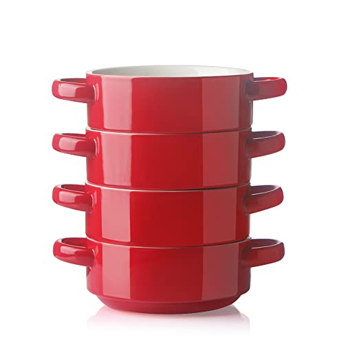 Image of Sweejar Ceramic Soup Bowls with Double Handles, 20 Oz Stacked Bowls for French Onion Soup, Cereal, Pot Pies, Stew, Chill, Pasta, Set of 4 (Red)