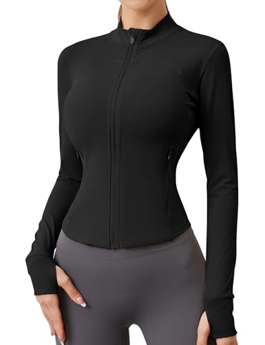 IECCP Sportjacke Damen Laufjacke Langarm Gym Tops Yoga Fitness Shirt Atmungsaktive Sportjacke Reißverschluss Leicht Trainingsjacke mit Daumenloch Schwarz XS