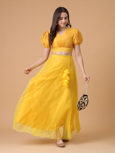 Image of Frolic Rolic Women's Girls Silk Puff Sleeve Solid V-Neck Crop Top Blouse for Party Wedding Festive
