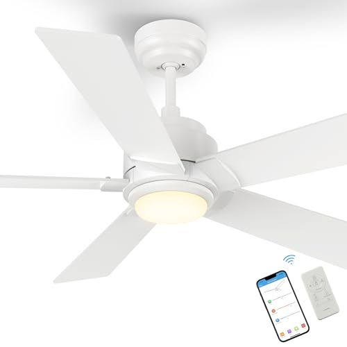 Image of SMAAIR 56 Inch DC Ceiling Fans with Lights and Remote Control, Modern Ceiling Fan Works with APP/Alexa/Google Assistant/Siri, 5 Reversible Plywood Blades, 10 Speed DC Motor, White