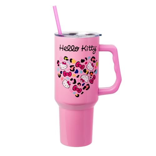 Silver Buffalo Sanrio Hello Kitty Leopard Jungle Cat Print and Bows Heart Stainless Steel Tumbler with Handle and Straw, Fits in Standard Cup Holder, 40 Ounces