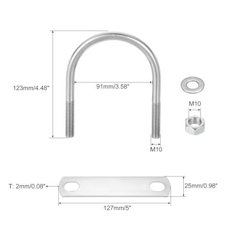 Image of uxcell Round U-Bolts, 6 Sets 91mm(3.58 inch) Inner Width 123mm Length M10 304 Stainless Steel U Clamp Bolt with Nuts and Plates, for Boat Trailer