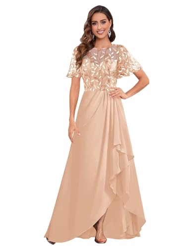 Mother of The Bride Dress for Women Chiffon Short Sleeve Ruffles Sequin Elegant High Low Evening Prom Gown