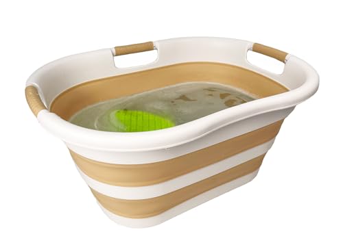 Image of SAMMART 40L (10.5 gallon) Set of 2 Collapsible Plastic Laundry Hamper - Foldable Pop Up Storage Container /Organizer - Portable Washing Tub - Space Saving Basket (2, White /Beige)