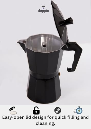 Image of DOPPIO Premium Moka Pot - Elegant Matte Black Aluminum Espresso Maker, Stove-top Percolator with Heat-Resistant Handle, Durable Italian Coffee Brewer for Rich Espresso (Classic Black)