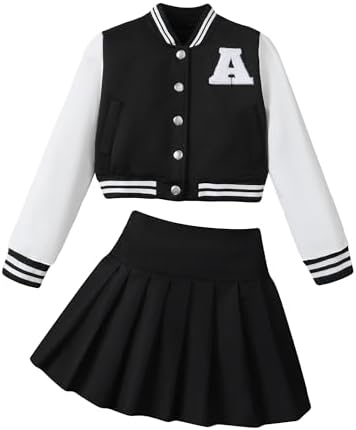 Girls 2 Piece Outfits Skirt Set Button up Jacket Sweatshirt and Pleated Mini Skirts Fall Winter Clothes Size 7-14Y