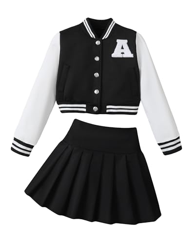 YOURUIKEY Girls 2 Piece Outfits Skirt Set Button up Jacket Sweatshirt and Pleated Mini Skirts Fall Winter Clothes Size 7-14Y