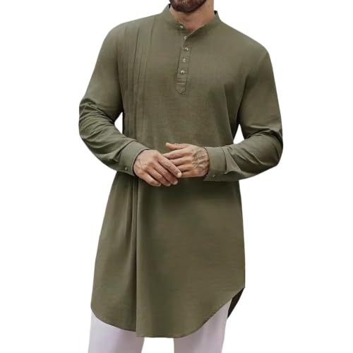 Caftan en coton et lin de qualité supérieure pour homme - Tissu léger col boutonné uni