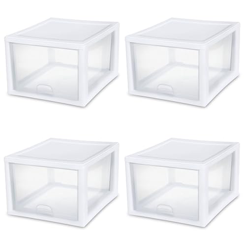 Sterilite 12-Pack 27 Quart Stacking Drawer, Clear Storage Closet Organizer, White Frame - Stackable Modular Plastic Drawers for Clothes, Accessories, Craft Supplies, Shoes or Linens