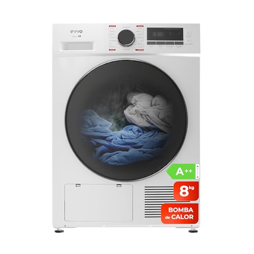 EVVO Secadora Bomba de Calor 8 kg, Selector de Tiempo, Clase Energética A++, Aire Frío para Prendas Delicadas, Airfresh, Sensor de Humedad, Antiarrugas, Inicio Diferido (Modelo Nature S8 Blanca)