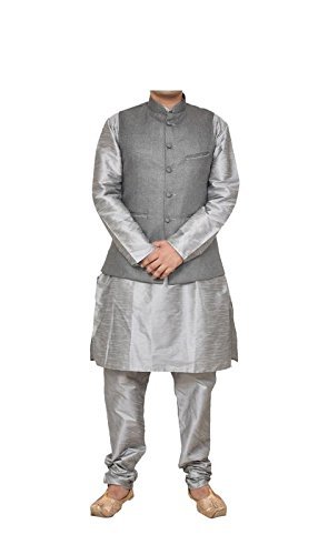 CLARZO Men's White Matching Silk Kurta Churidhar with Gray 1st Joot Waistcoat