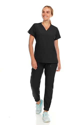Hey Collection Womens Stretch V-Neck Jogger Scrubs Set, Medical Nursing Tops with Four Pocket Pants, Black, Medium