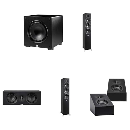 ELAC DF53-BK - Debut 3.0 5.25" Floor Speaker - Black (Pair), DA43-BK Debut 3.0 - DA43-BK Atmos/On Wall Speaker, PS350 Subwoofer DC53 Center Channel