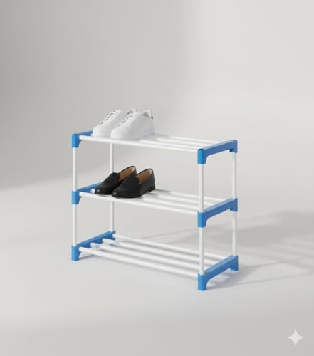 Image of 3 Tier Shoe Rack with Shelf, Thick Strong Pipes for Heavy Load Multipurpose Organizer Rack Shoe, Cloth & Book Storage Shelf for Home, Balcony, Living Room & Workspace